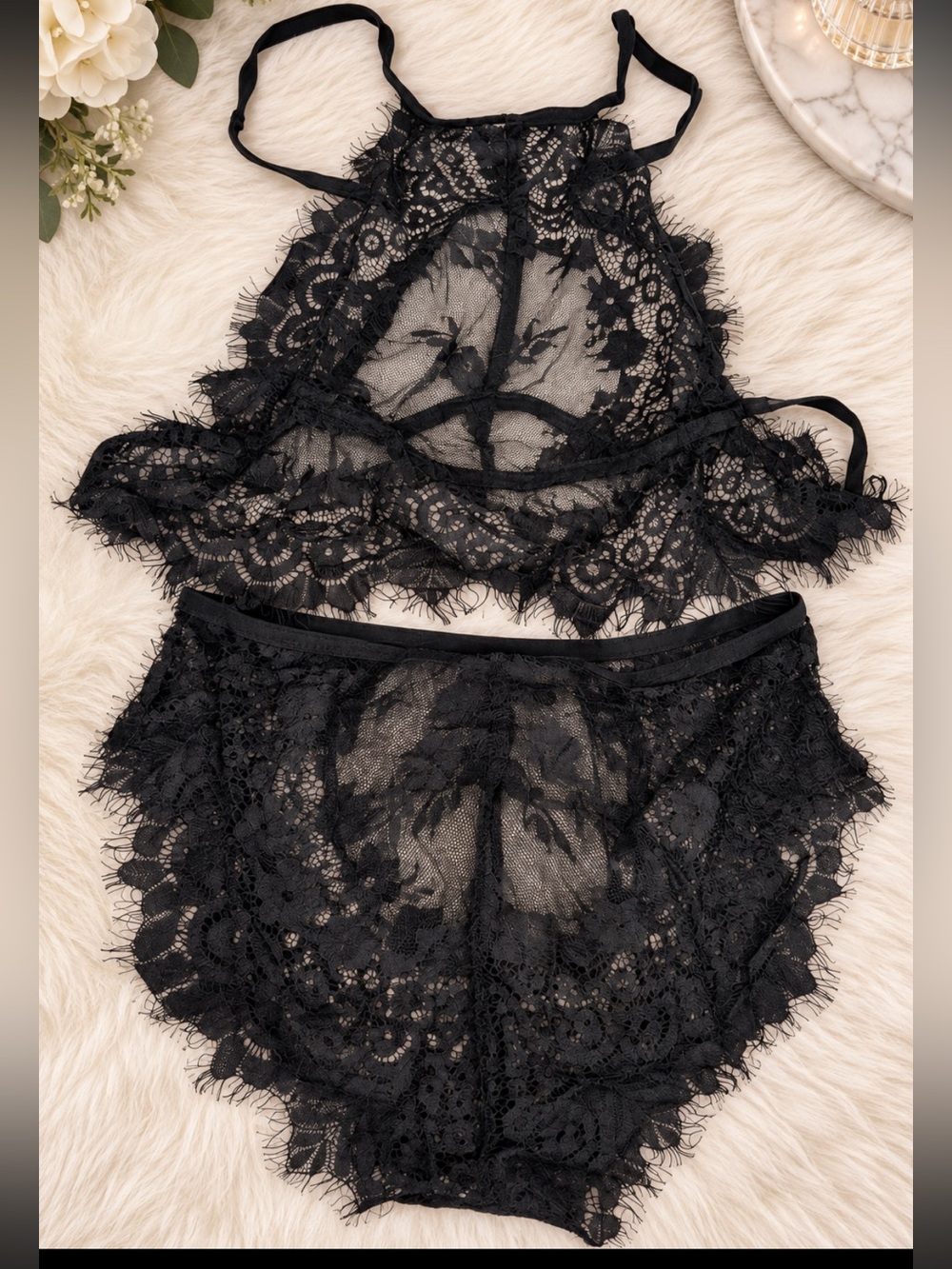 ☀️5/$20 woman’s Black Eyelash Lace Lingerie Set – Sheer Halter Bralette